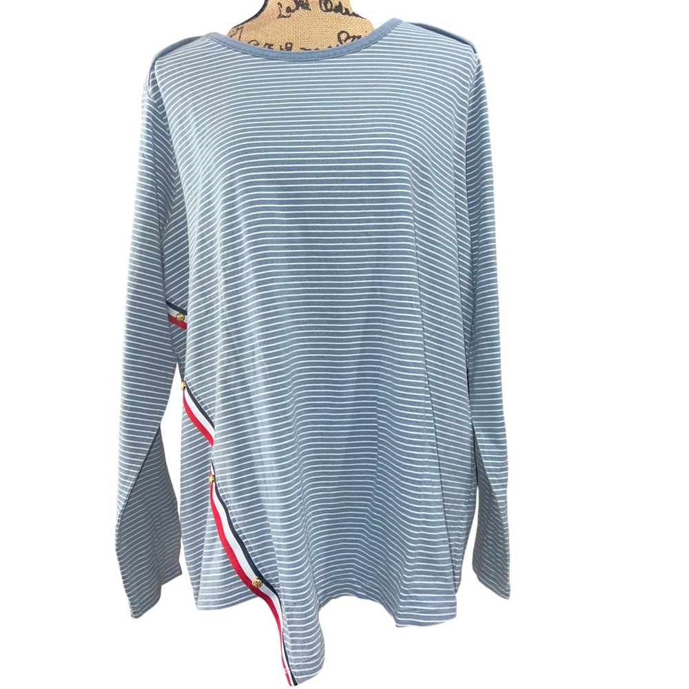 Diane Gilman DG2 Womens 2X Blue White Striped Long Sleeve‎ Top Gold Buttons Trim